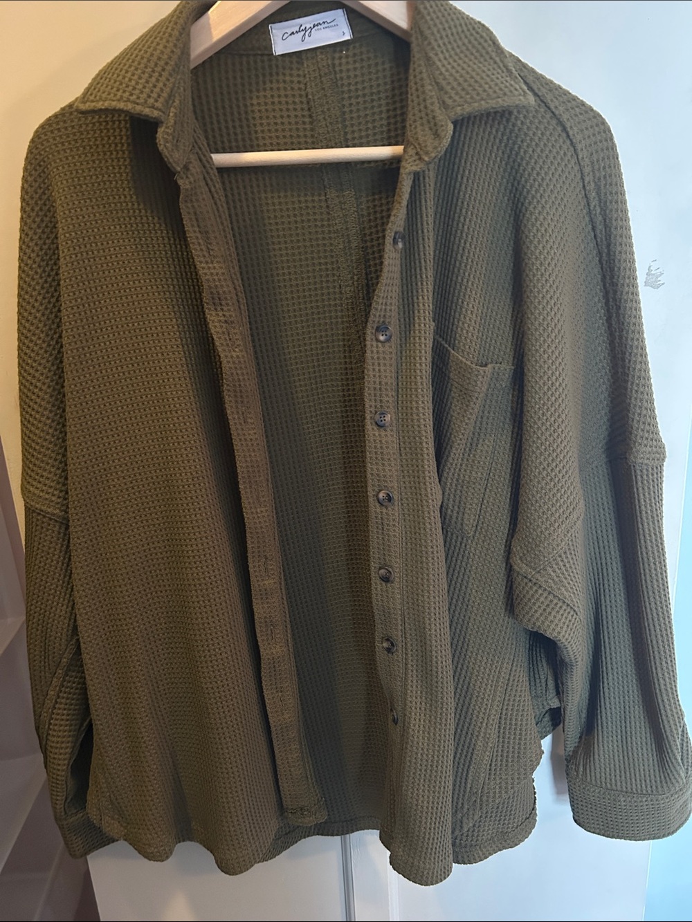 Carly Jean Los Angeles Olive Green Waffle-Knit Button Down Shirt